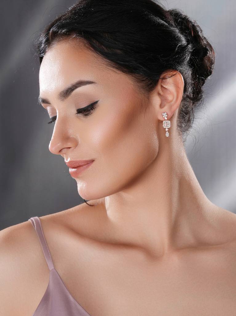 Rose Gold Plated Zircon Studded Classic Minimal  Designer Drop Earrings : SJER2708