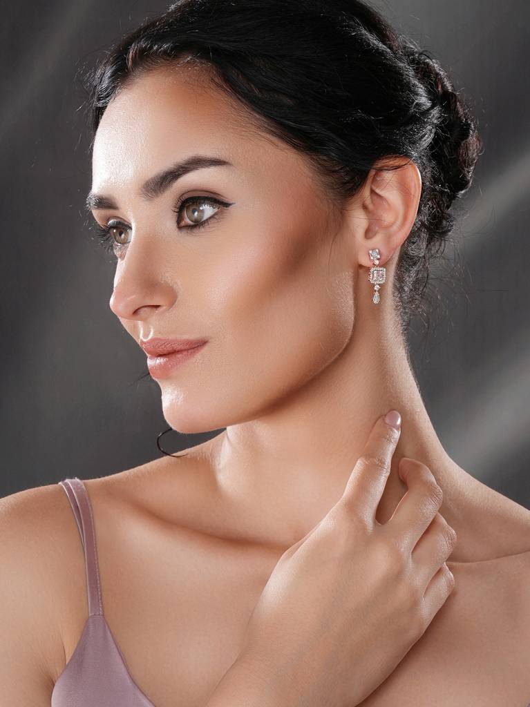 Rose Gold Plated Zircon Studded Classic Minimal  Designer Drop Earrings : SJER2708
