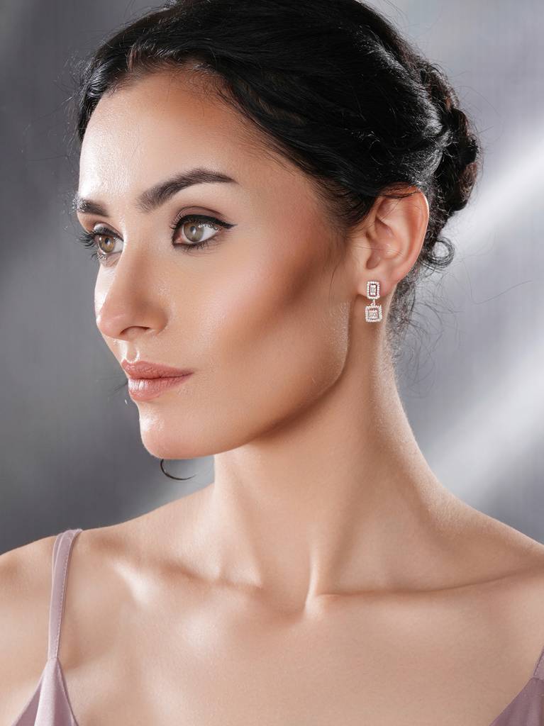 Rose Gold Plated Zircon Studded Classic Minimal  Geometric Drop Earrings : SJER2709
