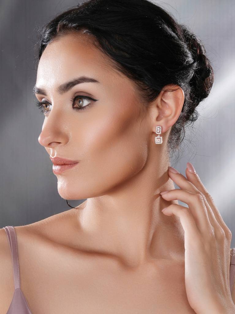 Rose Gold Plated Zircon Studded Classic Minimal  Geometric Drop Earrings : SJER2709