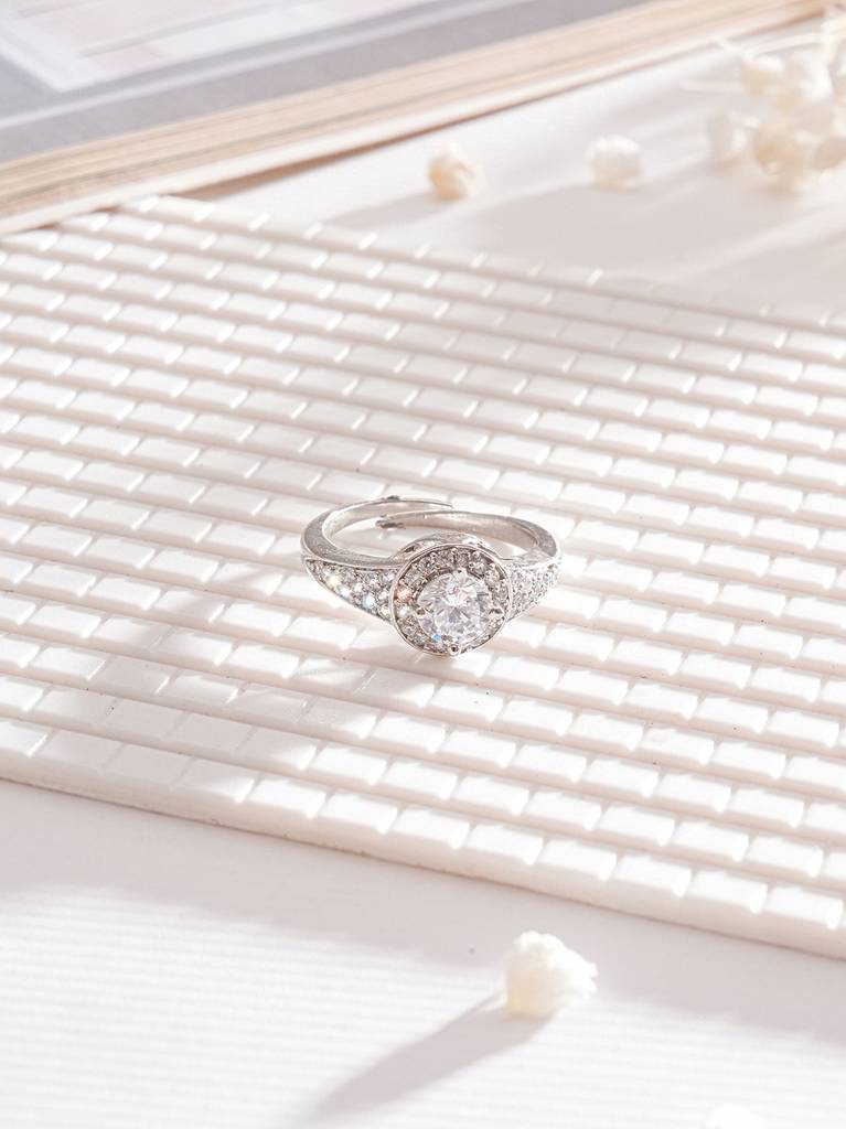 Silver Rhodium Plated White Round Cut Zircon Studded Adjustable Solitaire  Engagement Propose Wedding Finger Ring Adjustable Brass White