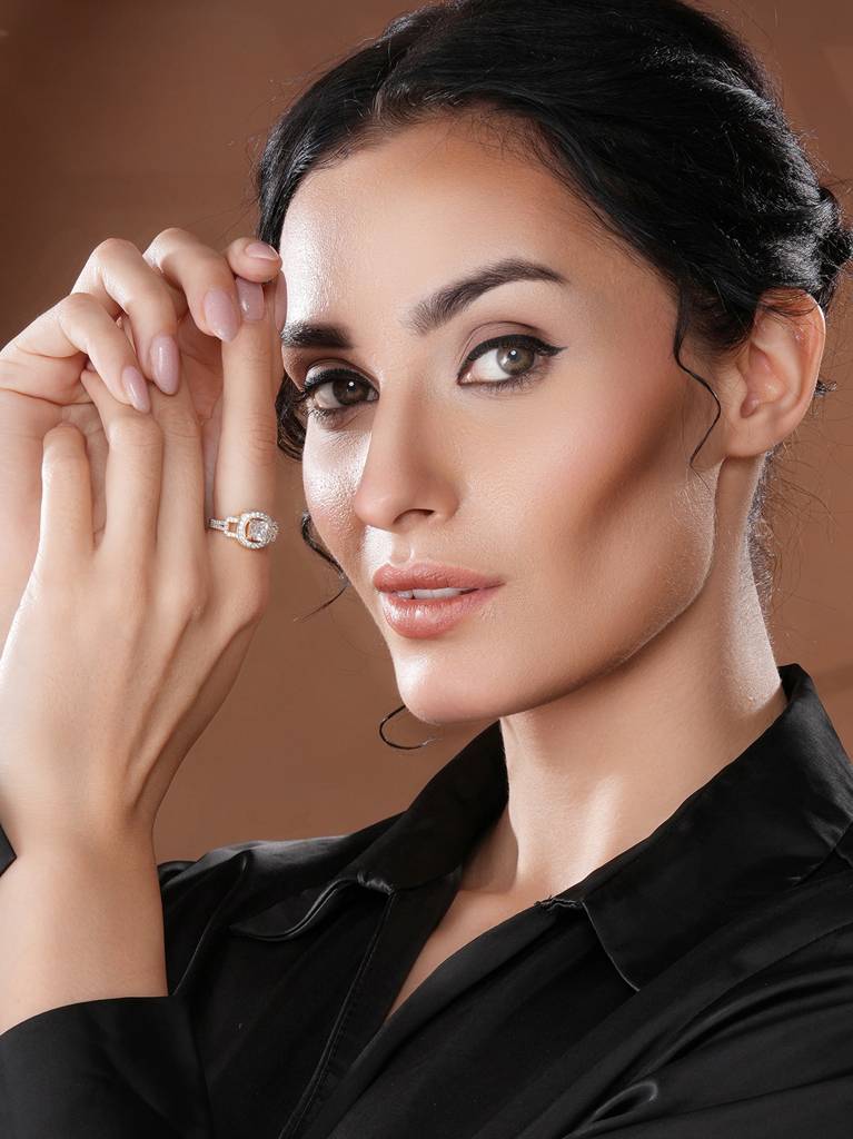 Gold Plated  Princess Cut  Zircon Studded Link Minimal Adjustable Propose Engagement Finger Ring : SJRG2713