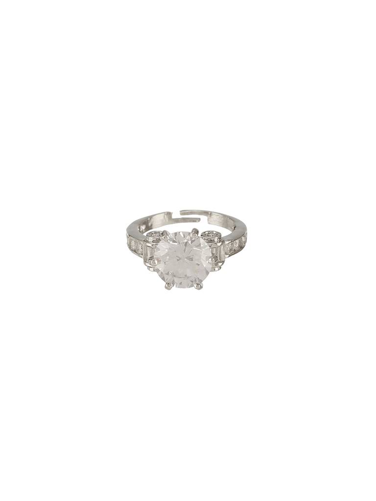 Silver Toned Cubic Zircon Studded Engagement Cocktail Adjustable Finger Ring : SJRG2714