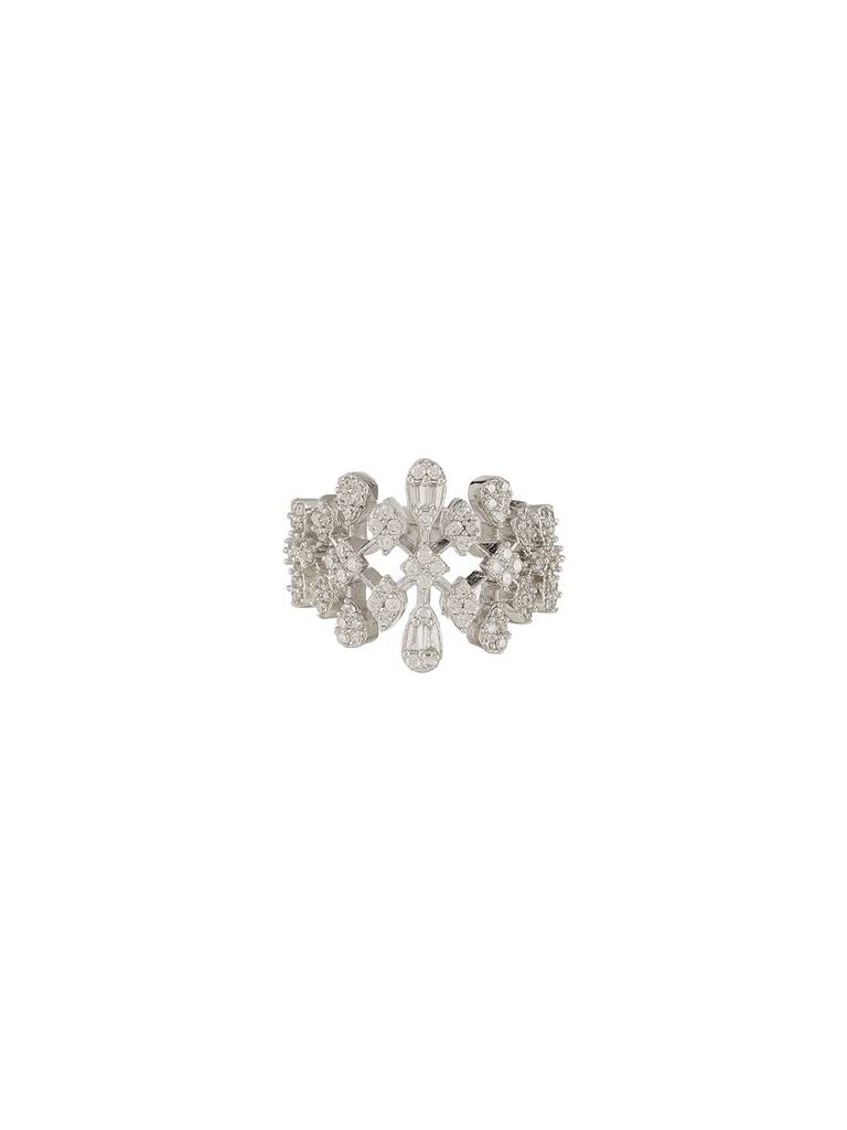 White Rhodium Plated Marquise Shaped  Zircon Studded Floral Designer Cocktail Anniversary  Finger Ring : SJRG2716