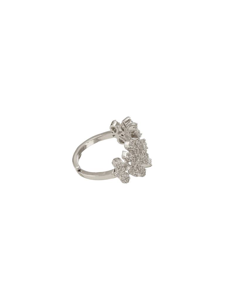 White Rhodium Plated Marquise Shaped  Zircon Studded Floral Designer Cocktail Anniversary  Finger Ring : SJRG2716