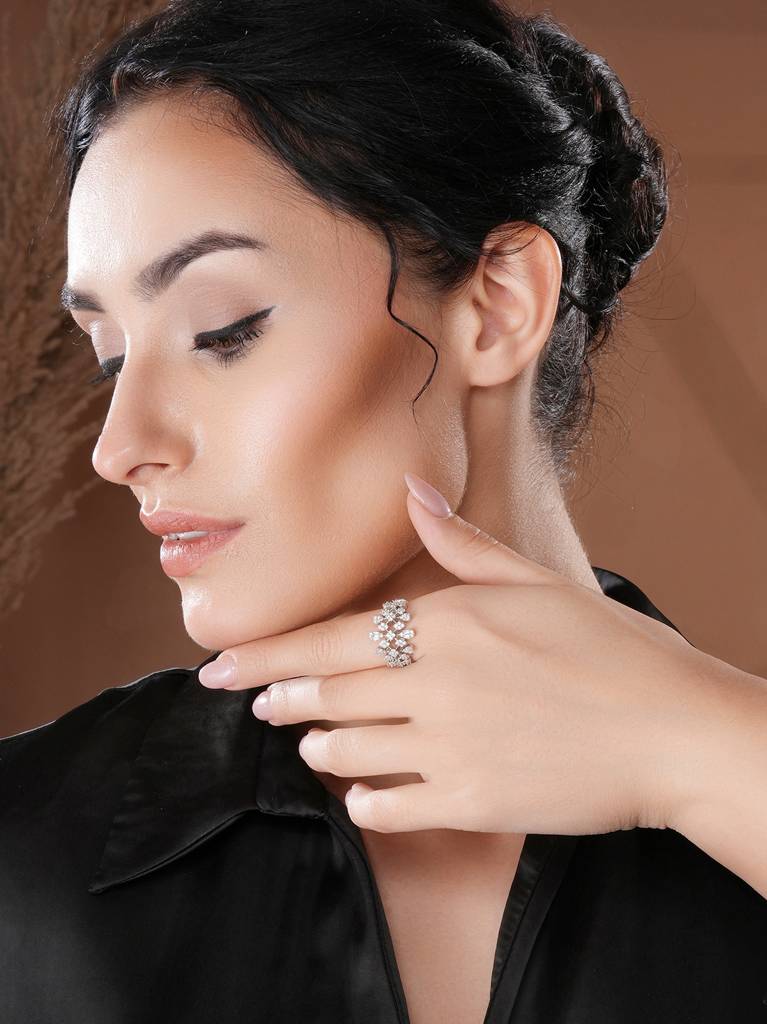 White Rhodium Plated Marquise Shaped  Zircon Studded Floral Designer Cocktail Anniversary  Finger Ring : SJRG2716
