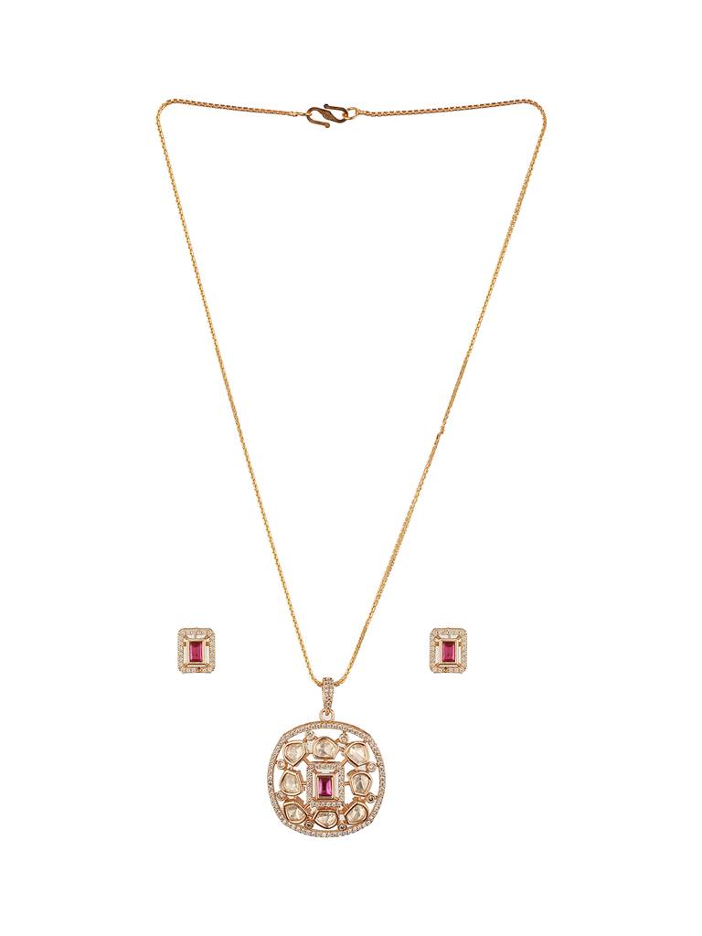 Gold Plated Ruby Red Kundan Studded Designer Locket Pendant Jewellery Set : SJLK2721