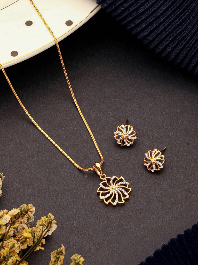 Gold Toned  Cubic Zircon Studded Solar Design Minimal Locket Pendant Jewellery Set : SJLK2723