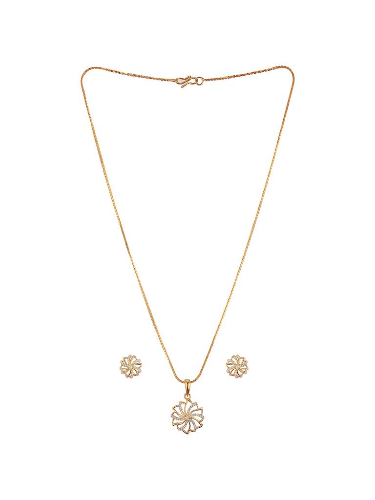 Gold Toned  Cubic Zircon Studded Solar Design Minimal Locket Pendant Jewellery Set : SJLK2723