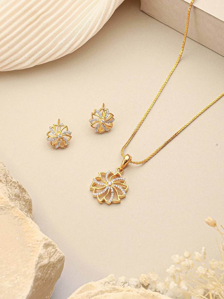 Gold Toned  Cubic Zircon Studded Solar Design Minimal Locket Pendant Jewellery Set : SJLK2723