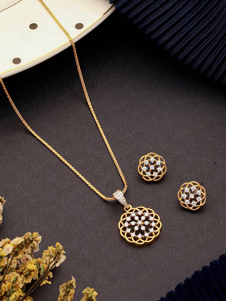 Gold Toned Cubic Zircon Studded Floral  Designer Minimal Locket Pendant Jewellery Set : SJLK2725