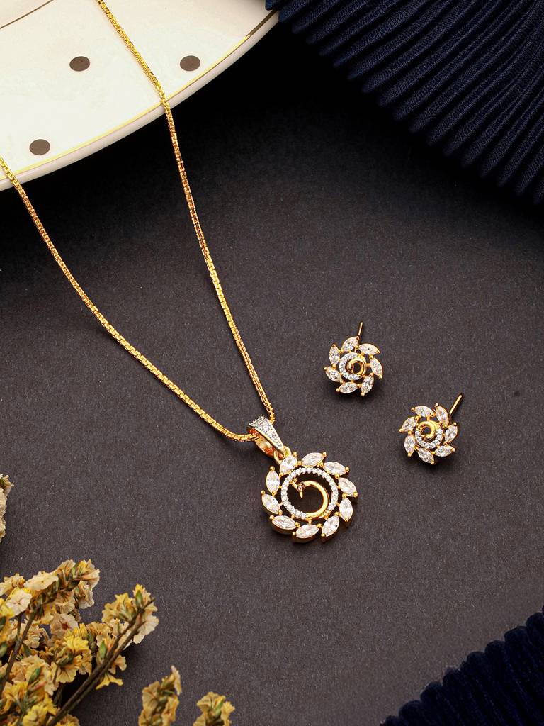Gold Toned Cubic Zircon Studded Floral Peacock Design Minimal Locket  Pendant Jewellery Set Brass Gold