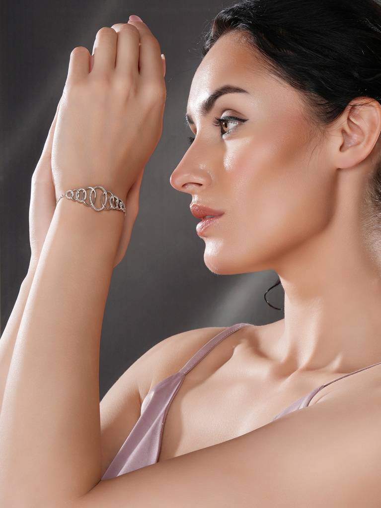 Rhodium Plated Ad Studded Oval Link Adjustable Pull Chain Slider Bracelet : SJBR2729