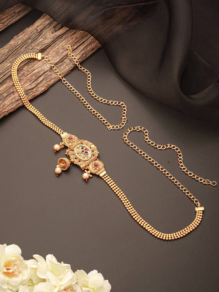 Gold Plated Kemp Studded Traditional Saree Hip Chain Waistband