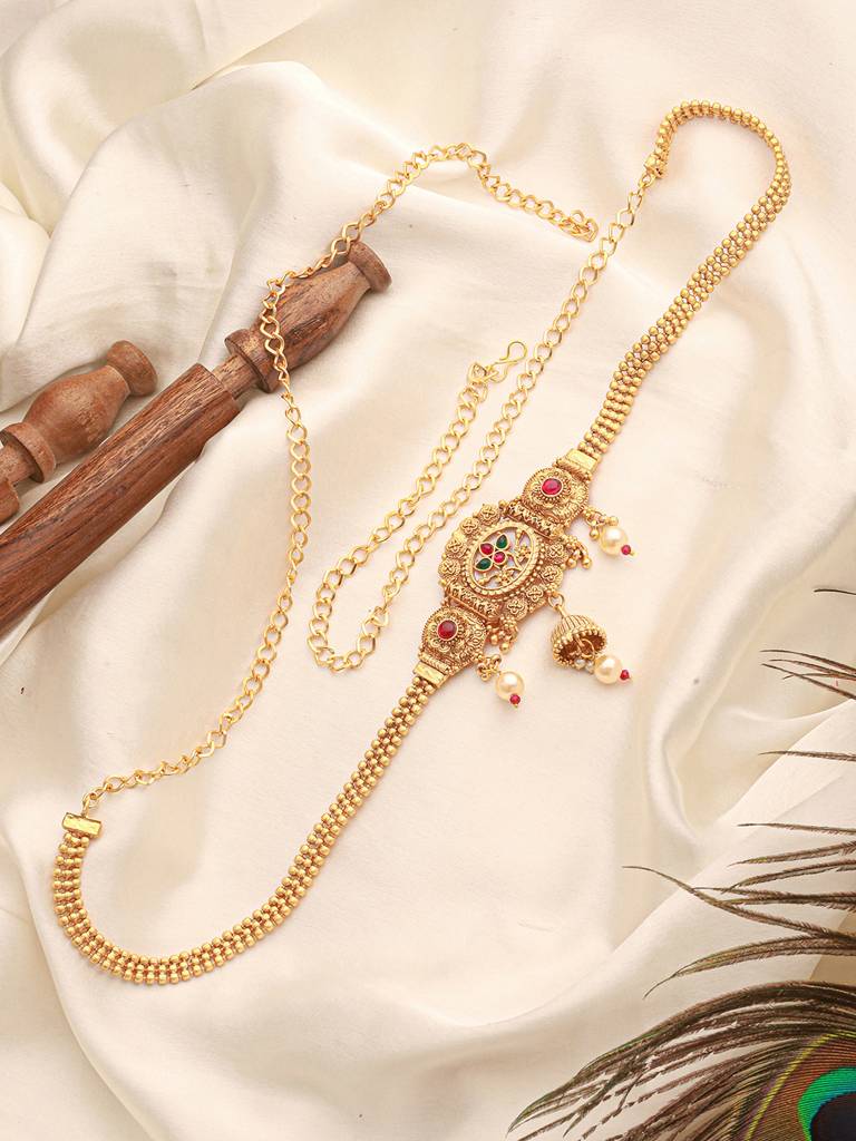 Gold Plated Kemp Studded Traditional Saree Hip Chain Waistband Kamarbandh : SJKB2730