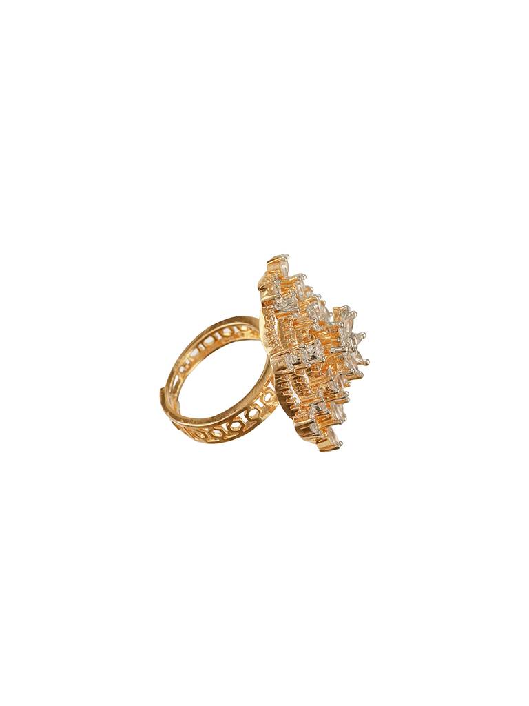 Gold Plated Zircon  Studded 3 D Effect Adjustable Cocktail Finger Ring : SJRG2731