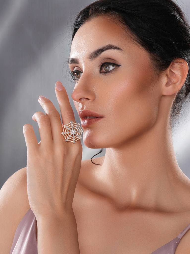 Gold Plated Zircon  Studded 3 D Effect Adjustable Cocktail Finger Ring : SJRG2731