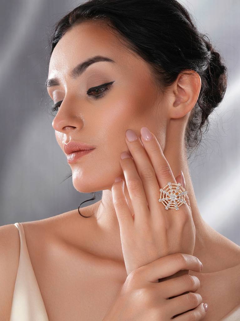 Gold Plated Zircon  Studded 3 D Effect Adjustable Cocktail Finger Ring : SJRG2731