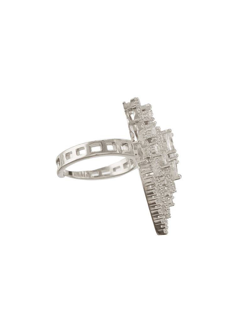White Rhodium Toned Zircon Studded  Adjustable Designer Cocktail Wedding Finger Ring : SJRG2732