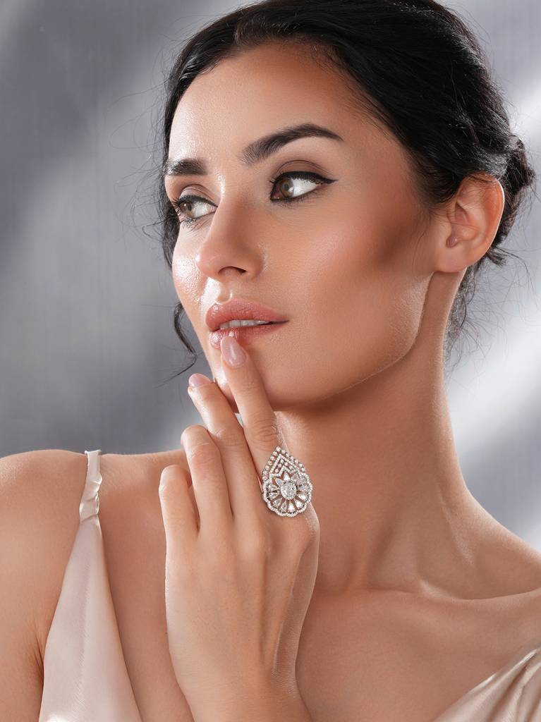 White Rhodium Toned Zircon Studded  Adjustable Designer Cocktail Wedding Finger Ring : SJRG2732