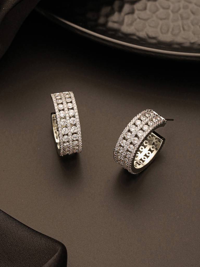 White Rhodium Ad Studded C Shaped Minimal Bali Studds Earrings Brass  Silver