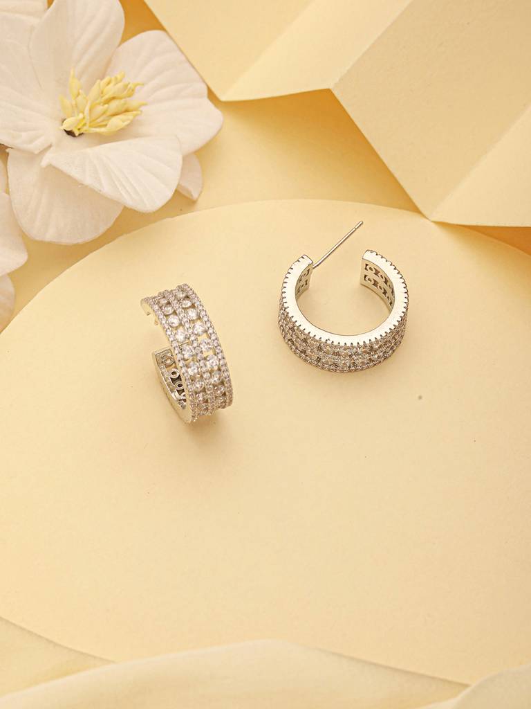 White Rhodium Ad Studded C Shaped Minimal  Bali Studds Earrings : SJER2734