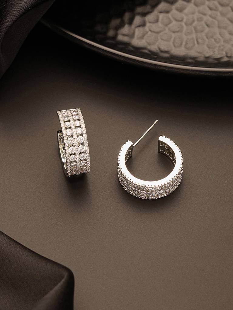 White Rhodium Ad Studded C Shaped Minimal  Bali Studds Earrings : SJER2734