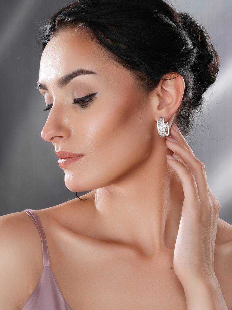 White Rhodium Ad Studded C Shaped Minimal  Bali Studds Earrings : SJER2734
