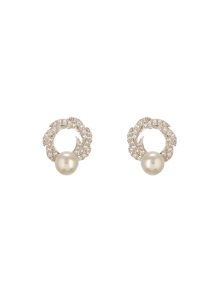 Silver Plated Ad & Pearl Studded Floral Minimal  Contemporary Studds Earrings : SJER2736