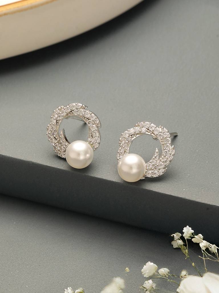 Silver Plated Ad & Pearl Studded Floral Minimal  Contemporary Studds Earrings : SJER2736