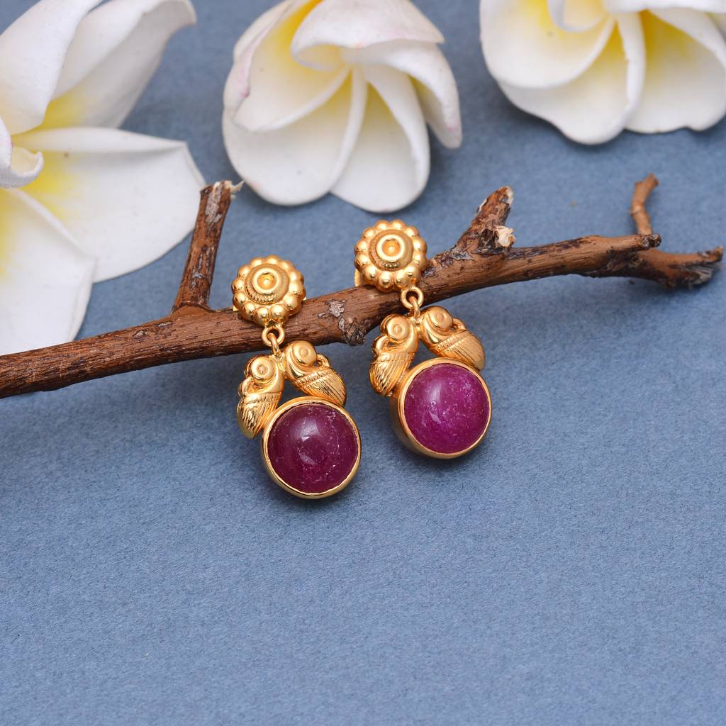 925 Sterling Silver Dangling Earring With 24K Gold Plated And Ropada Ruby : 2736