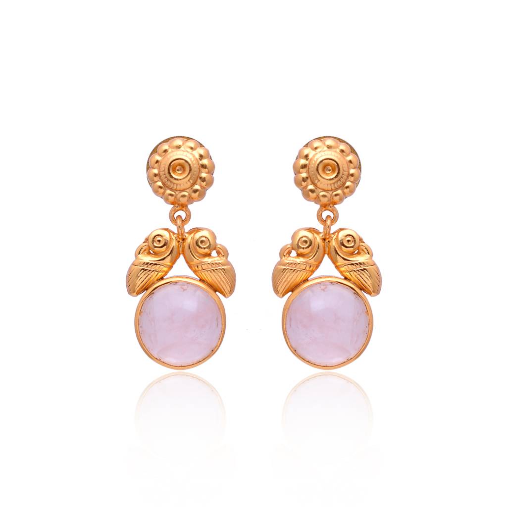 925 Sterling Silver Dangling Earring With 24K Gold Plated And Rose Quartzs Stone : 2737