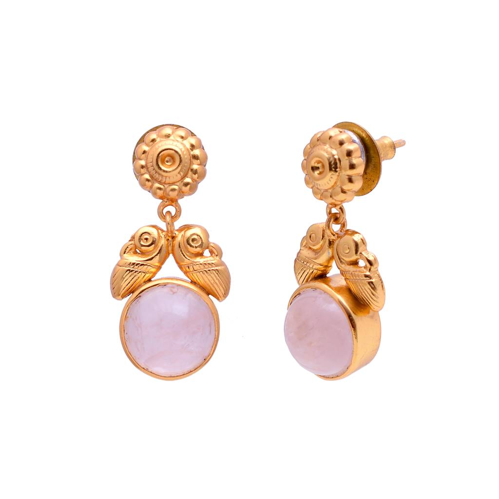 925 Sterling Silver Dangling Earring With 24K Gold Plated And Rose Quartzs Stone : 2737