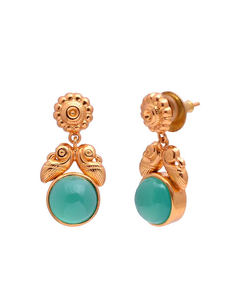 925 Sterling Silver Dangling Earring With 24K Gold Plated And Green Onex Stone : 2738