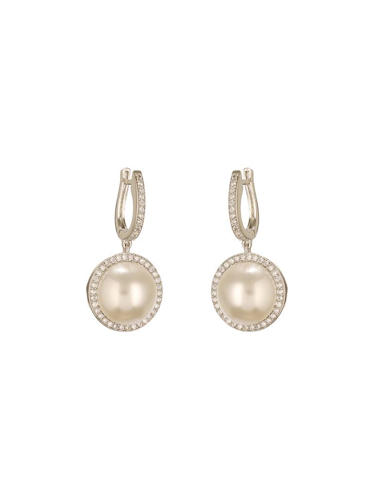Silver Plated Ad  Studded Circular Pearl  Drop Minimal Bali Dangler Earrings : SJER2739