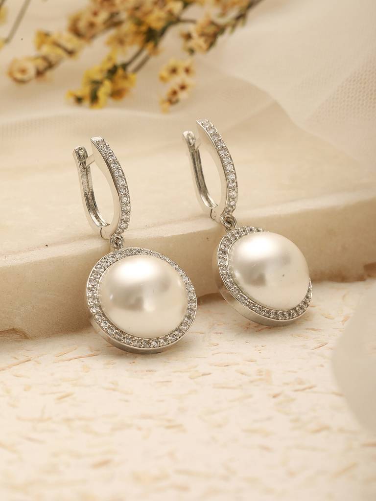 Silver Plated Ad  Studded Circular Pearl  Drop Minimal Bali Dangler Earrings : SJER2739