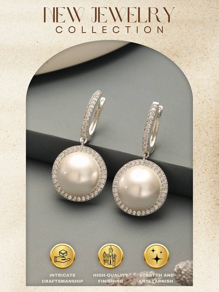 Silver Plated Ad  Studded Circular Pearl  Drop Minimal Bali Dangler Earrings : SJER2739