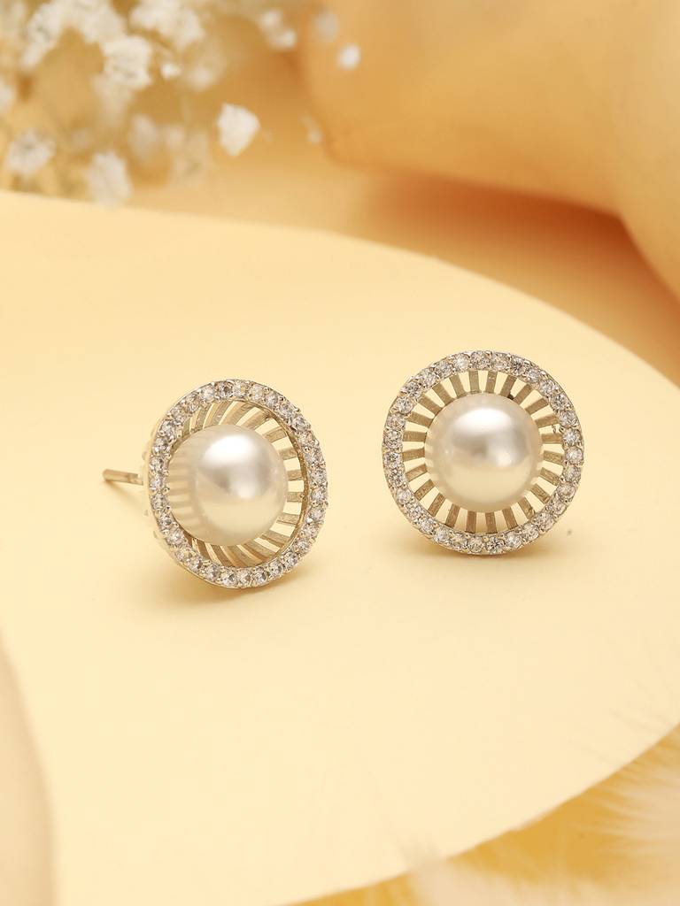 Silver Plated Ad Studded Orbital  Pearl Minimal Studds Earrings : SJER2740