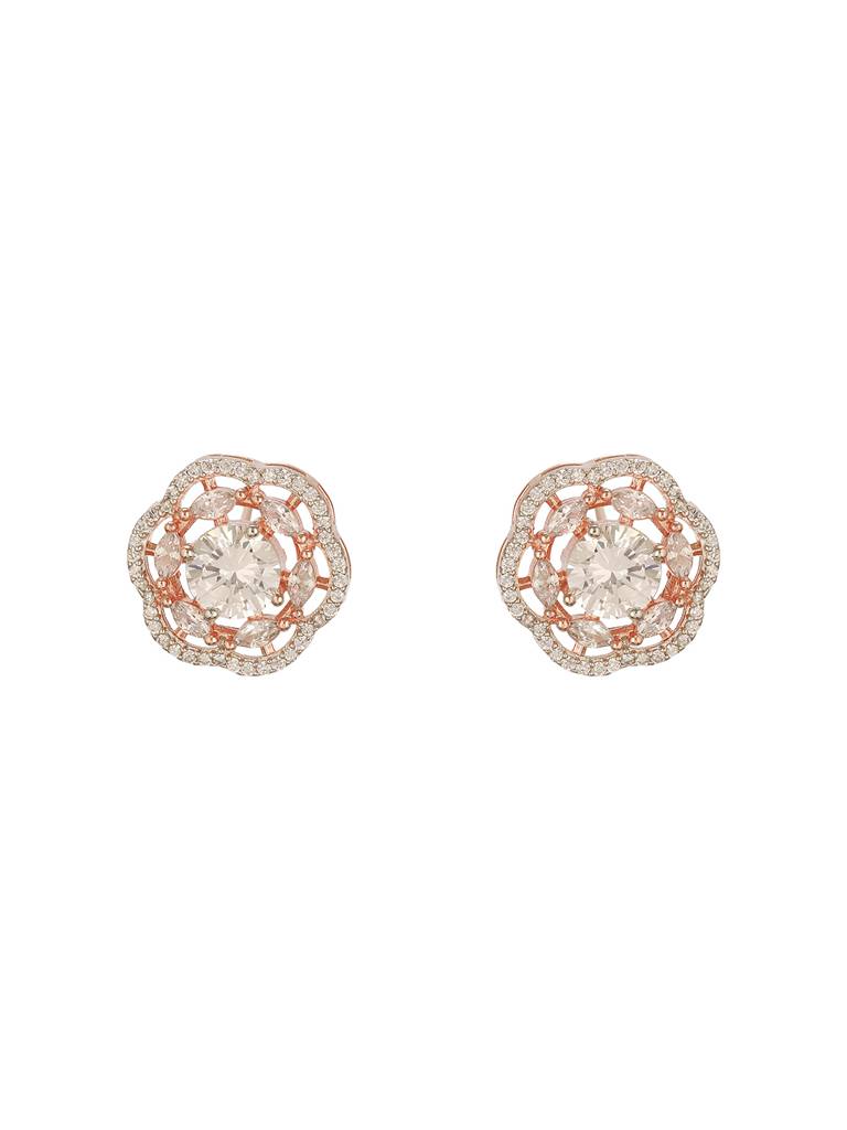 Rose Gold Polished White Ad Studded  Floral Minimal Solitaire  Studds Earrings : SJER2742