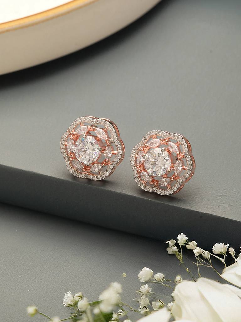 Rose Gold Polished White Ad Studded  Floral Minimal Solitaire  Studds Earrings : SJER2742