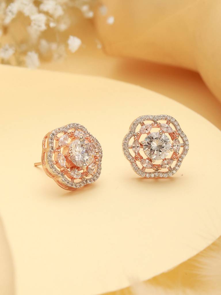Rose Gold Polished White Ad Studded Floral Minimal Solitaire