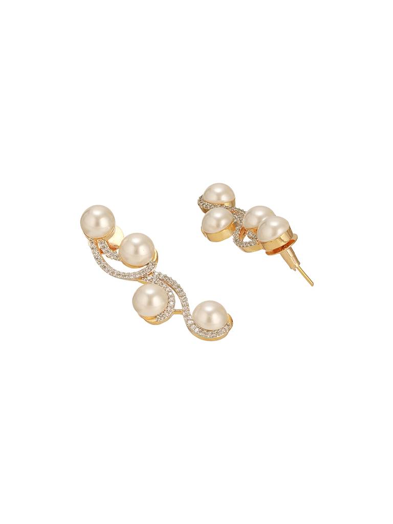 Combo Gold Plated White Ad & Pearl Studded Floral Minial Ring, Bracelet With Earrings Jewellery Set : SJNK2743