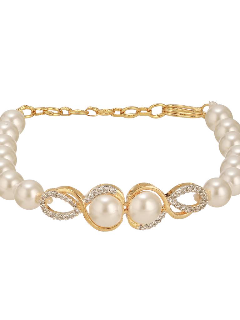 Combo Gold Plated White Ad & Pearl Studded Floral Minial Ring, Bracelet With Earrings Jewellery Set : SJNK2743