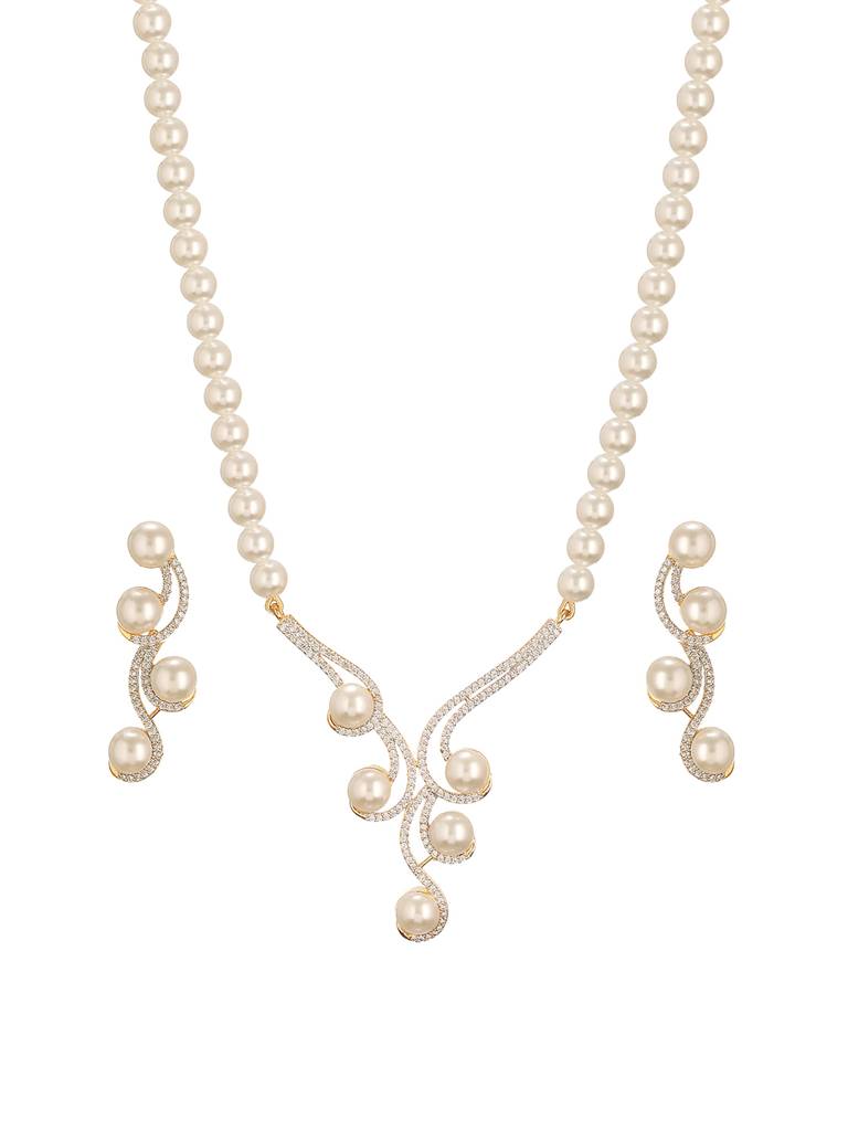 Combo Gold Plated White Ad & Pearl Studded Floral Minial Ring, Bracelet With Earrings Jewellery Set : SJNK2743