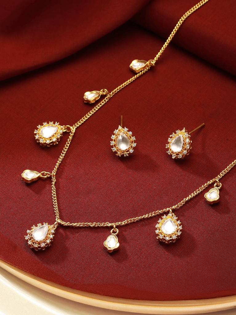 Gold Plated Kundan Polki Studded Tear Drop Delicate Chain Jewellery Set : SJNK2750