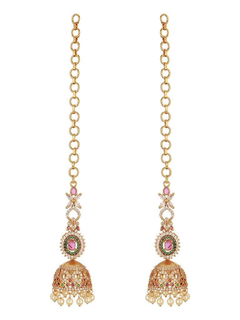 Antique Gold Plated Ruby Red Zircon Ad Studded With Matil Earchain Earrings : SJER2752