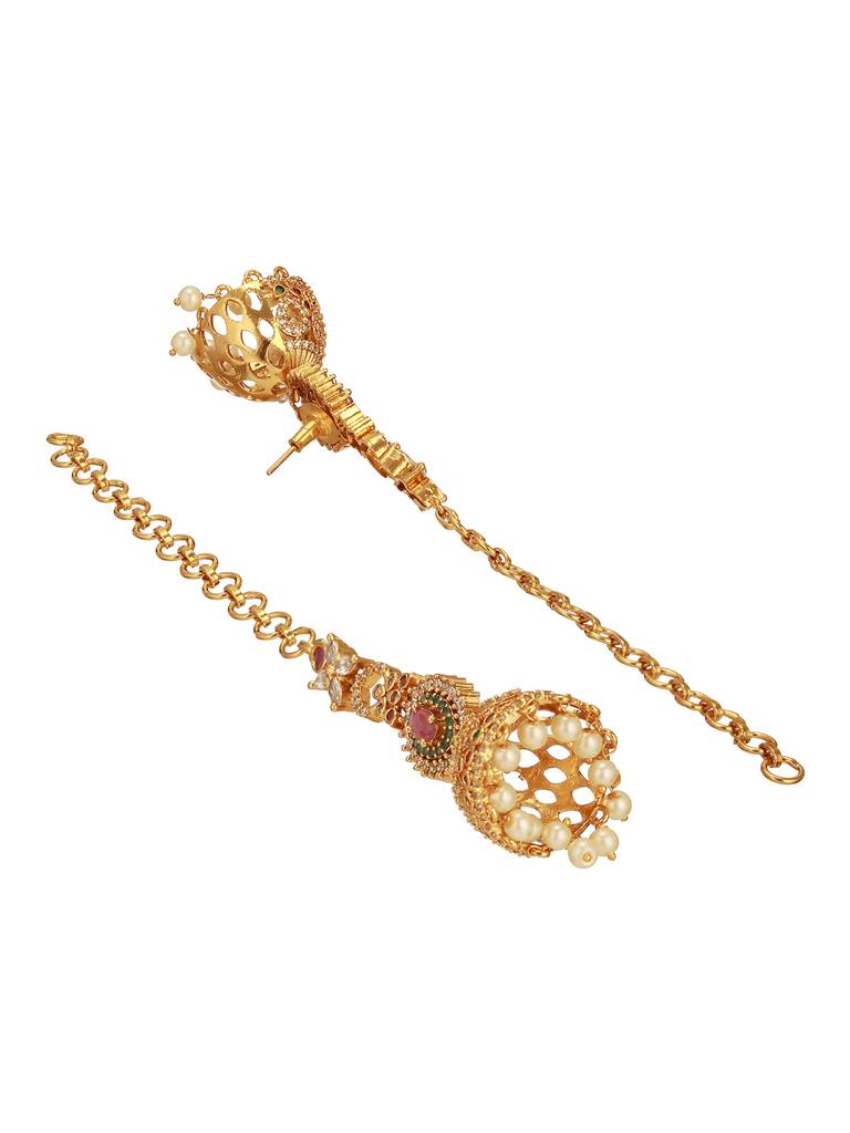 Antique Gold Plated Ruby Red Zircon Ad Studded With Matil Earchain Earrings : SJER2752