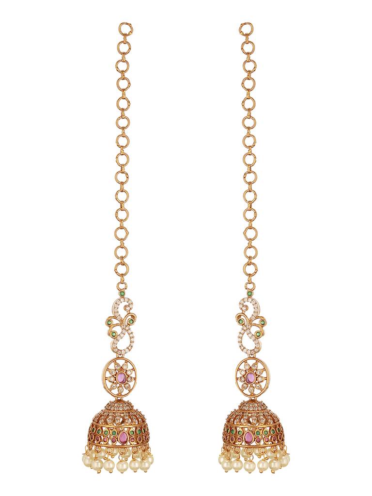 Gold Plated Zircon Ad Studded  Red Floral Bridal Matil Earchain  Earrings : SJER2753