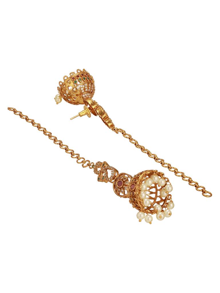 Gold Plated Zircon Ad Studded  Red Floral Bridal Matil Earchain  Earrings : SJER2753