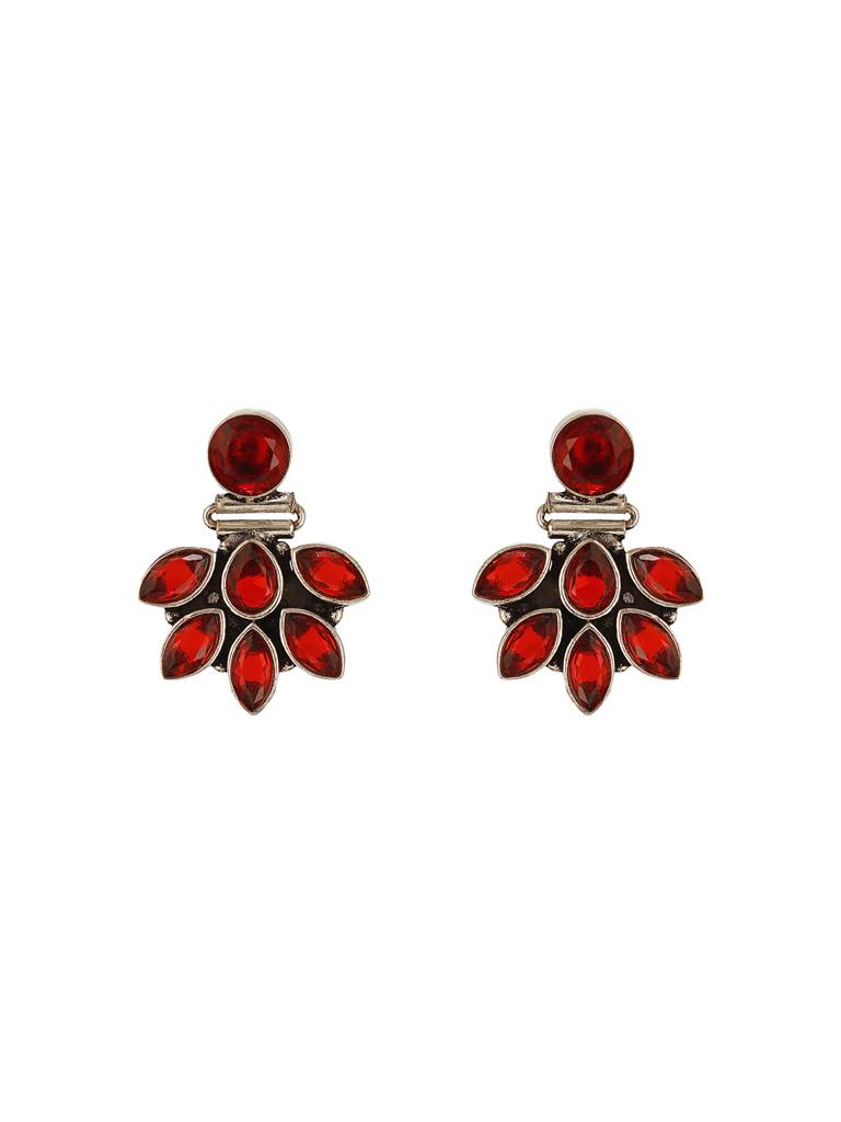 Silver Toned Fiery Red Ad Zircon Studded Floral Minimal Earrings : SJER2759